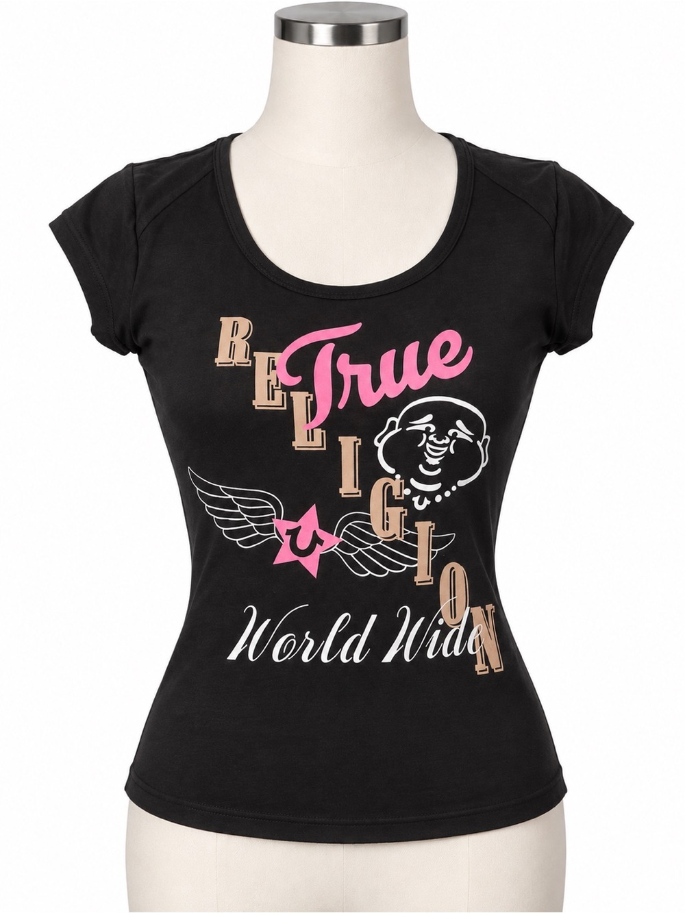 True Religion Black Scoop Neck 'Be True' Graphic Tee with Pink & Tan Accents